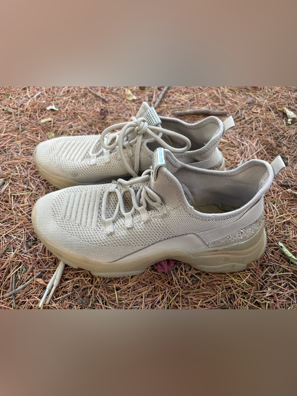 Beige Knit Slip-On Platform Sneakers with Rhinestone Accent